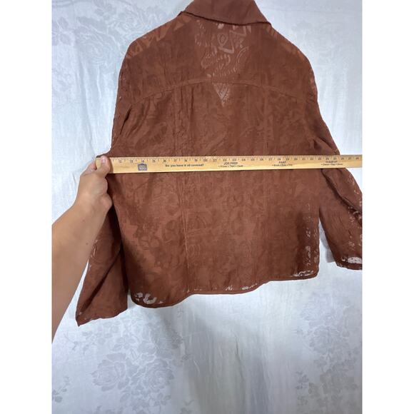 Chicos Button Up 2 Large Brown Sheer Abstract Linen Blend Jacket - Picture 11 of 13